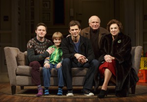 Playwright Terrence McNally (second from right) poses with the cast of Mothers and Sons (left to right): Bobby Steggert, Grayson Taylor, Frederick Weller, and Tyne Daly. Photo by Joan Marcus