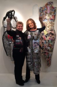 Silver Knight 666 (body armor), 2009, wood, metal, acrylicized paper, leather, vinyl, fiber, archival inks, velcro. Gloria Steinem in armor, with Linda Stein. Photo taken by Stein Studios, March 20, 2015. 