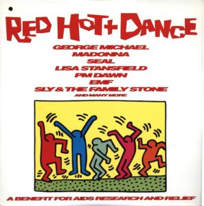 Keith Haring, Untitled, 1987, poster art print (used as the cover image for the AIDS-benefit LP album Red Hot + Dance, produced in 1992 by the Red Hot Organization, 12 by 12 inches); image © Keith Haring Foundation; album in the collection of Leslie-Lohman Gay Art Museum